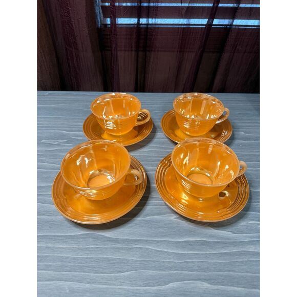 Vintage Fire-King Peach Lustre Cups & Saucers (Set of 4) – 1950s Anchor Hocking - Picture 1 of 5